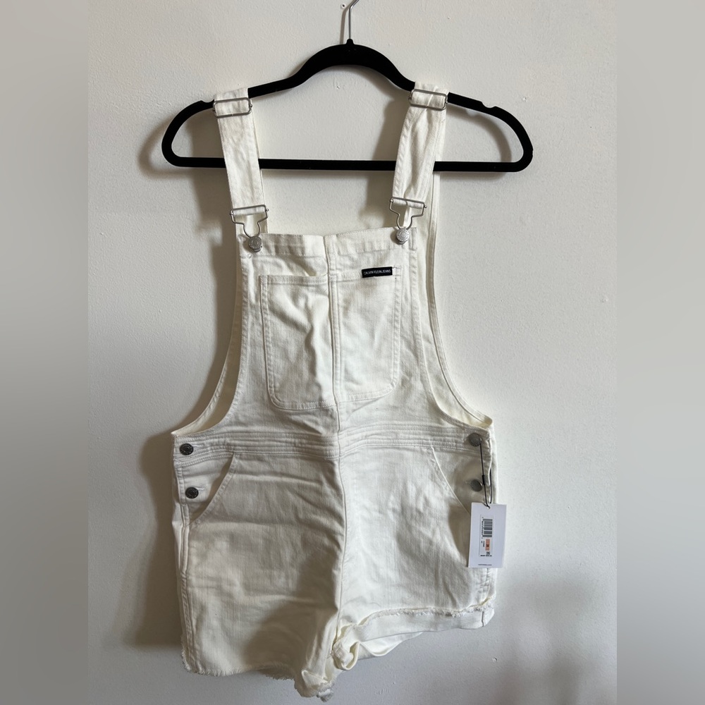 Calvin Klein White Denim Cut-off Short Overalls NWT - Picture 2 of 4